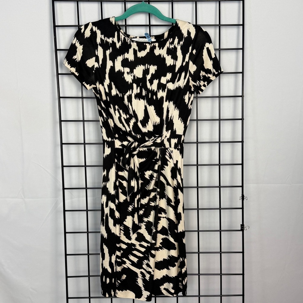 Diane von Furstenberg Zoe Sheath Dress Womens 2 Black Abstract Ikat Faux Wrap